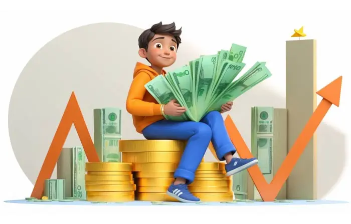 ROI Concept Boy with Gold Coin and Money 3D Design Illustration